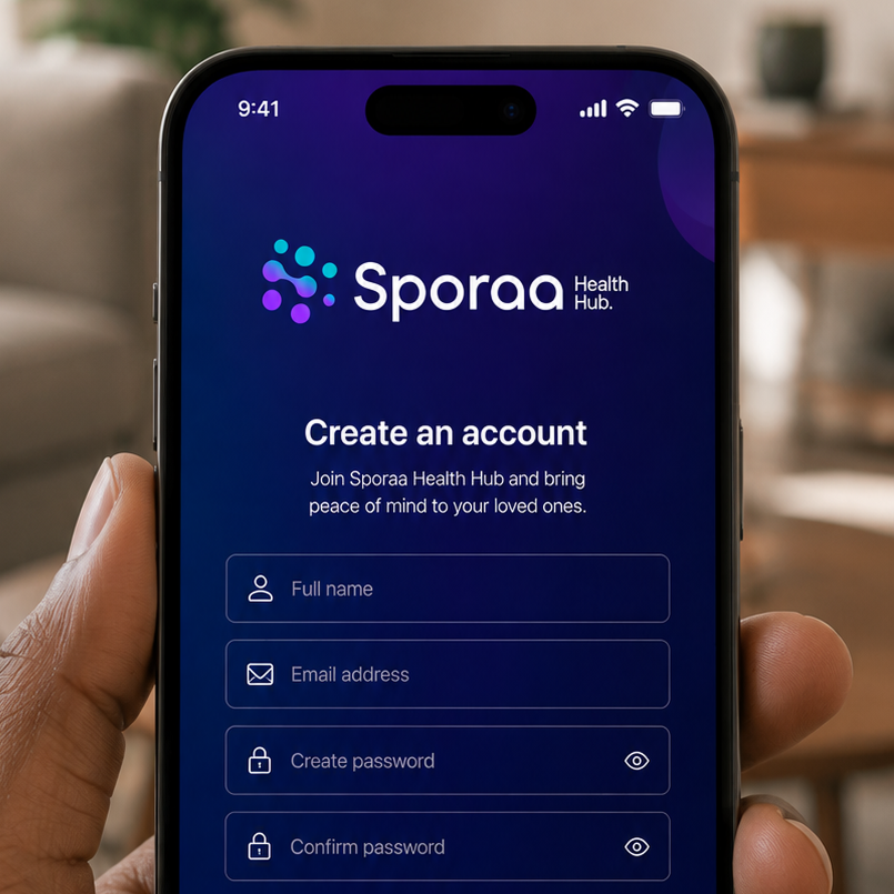 Sporaa account creation form displayed on a mobile phone